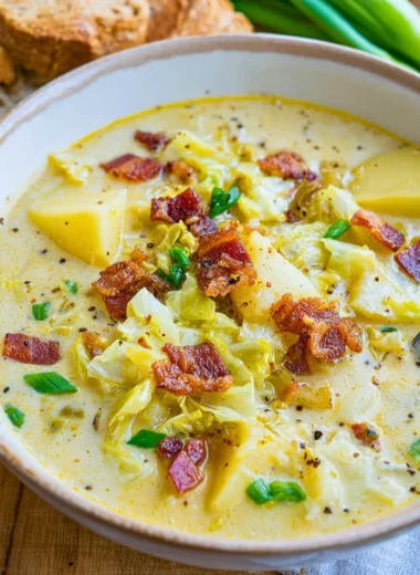 Bowl of Colcannon Soup with bacon, potatoes, and cabbage, garnished with herbs