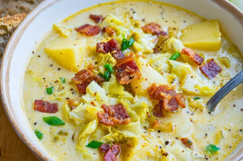 Bowl of Colcannon Soup with bacon, potatoes, and cabbage, garnished with herbs