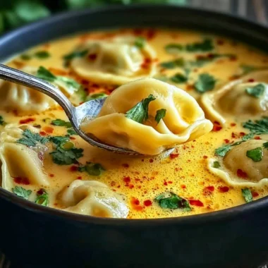 Bowl of comforting Thai Potsticker Soup with fresh herbs and dumplings