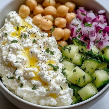 Cottage cheese and chickpea salad served in a bowl, garnished with fresh herbs.