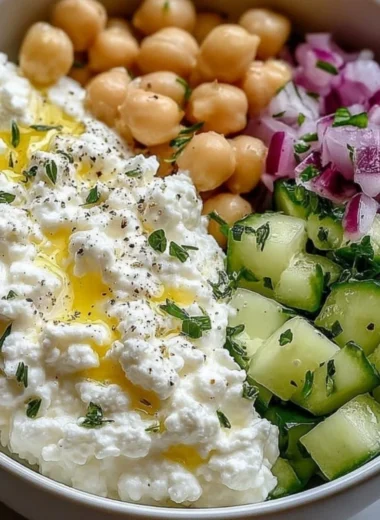 Cottage cheese and chickpea salad served in a bowl, garnished with fresh herbs.
