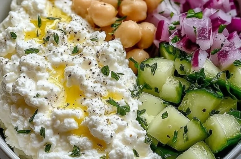 Cottage cheese and chickpea salad served in a bowl, garnished with fresh herbs.