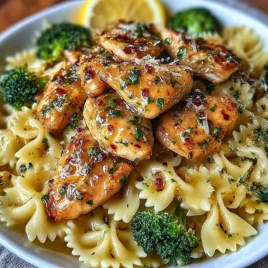 Delicious Cowboy Butter Lemon Bowtie Chicken served with broccoli on a plate.