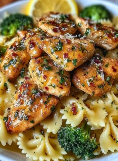 Delicious Cowboy Butter Lemon Bowtie Chicken served with broccoli on a plate.