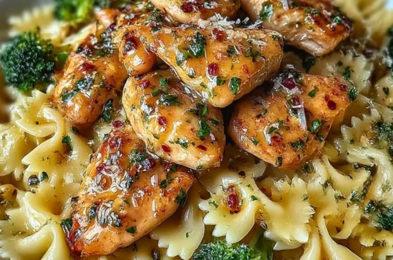 Delicious Cowboy Butter Lemon Bowtie Chicken served with broccoli on a plate.