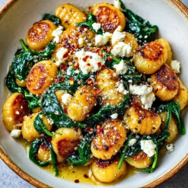 Creamy gnocchi dish with spinach and feta served in a bowl.