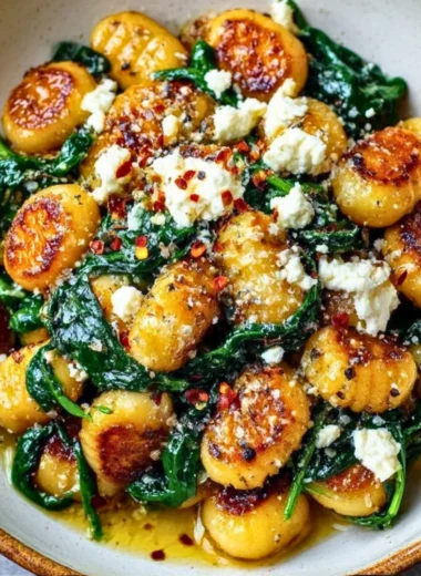 Creamy gnocchi dish with spinach and feta served in a bowl.