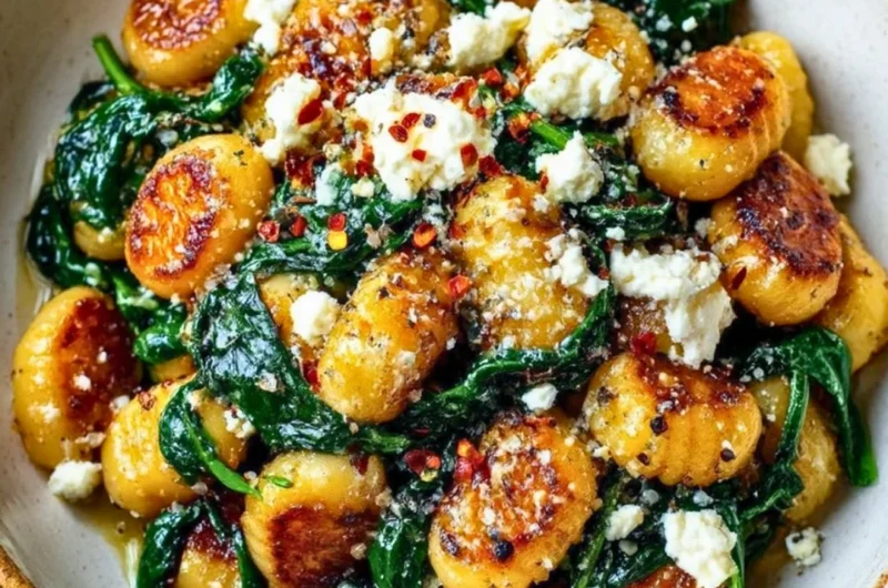 Creamy gnocchi dish with spinach and feta served in a bowl.