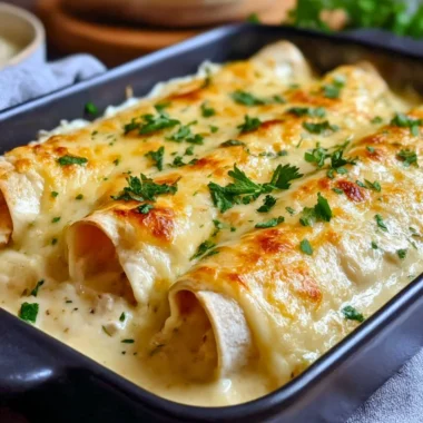 Delicious creamy white chicken enchiladas served with fresh toppings