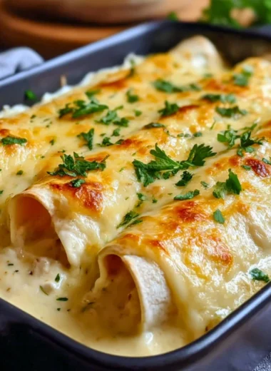 Delicious creamy white chicken enchiladas served with fresh toppings