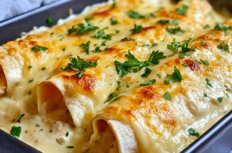 Delicious creamy white chicken enchiladas served with fresh toppings