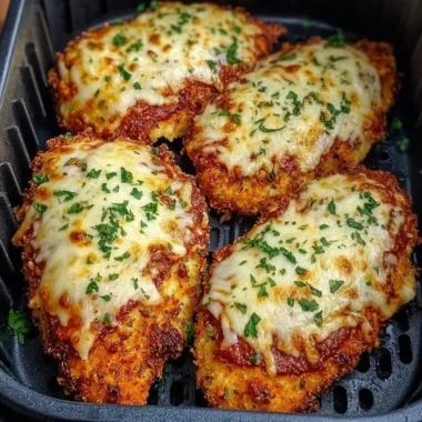 Crispy Air Fryer Chicken Parmesan with marinara sauce and cheese on a plate