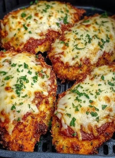 Crispy Air Fryer Chicken Parmesan with marinara sauce and cheese on a plate