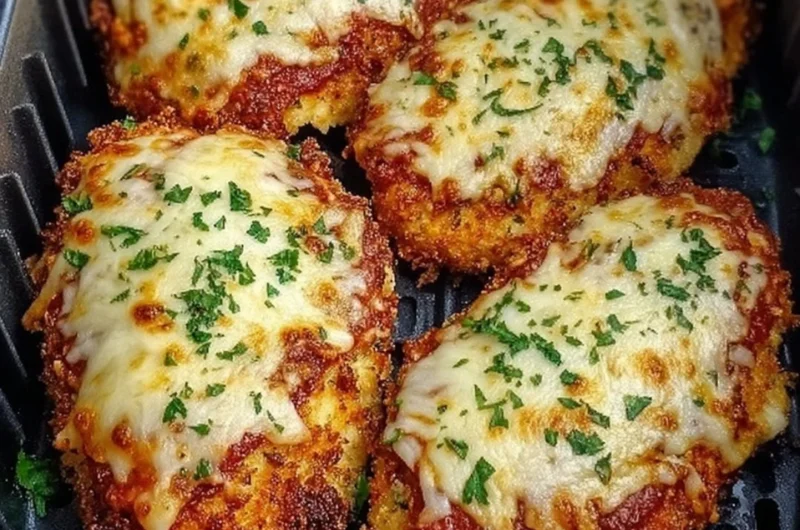 Crispy Air Fryer Chicken Parmesan with marinara sauce and cheese on a plate