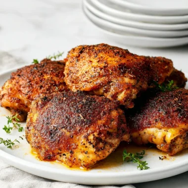 Crispy baked chicken thighs garnished with herbs on a plate