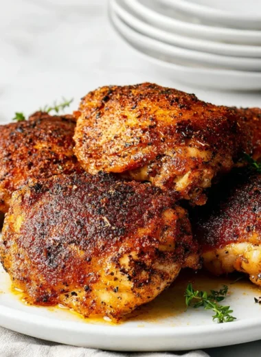 Crispy baked chicken thighs garnished with herbs on a plate