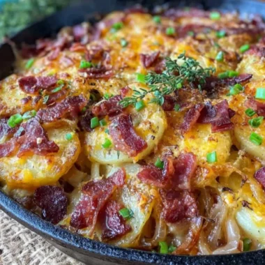 Crispy Irish bacon potato skillet served on a plate with fresh herbs.