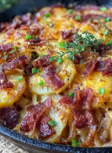 Crispy Irish bacon potato skillet served on a plate with fresh herbs.