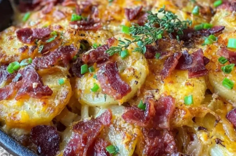 Crispy Irish bacon potato skillet served on a plate with fresh herbs.