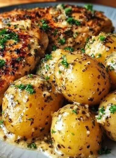 Crock Pot Parmesan Garlic Chicken and Potatoes dish served in a bowl
