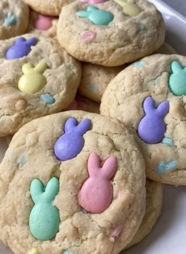 Colorful Easter M&M cookies decorated for spring celebrations
