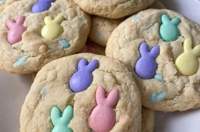 Colorful Easter M&M cookies decorated for spring celebrations