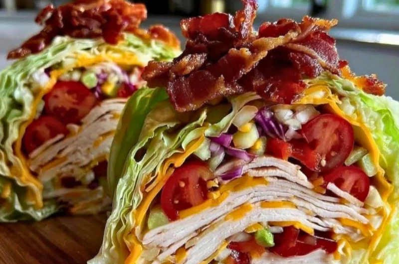 Fresh keto turkey club lettuce wraps with turkey, bacon, and fresh vegetables