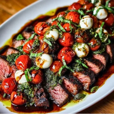 Grilled flank steak caprese served with fresh tomatoes and balsamic dressing