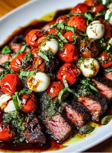 Grilled flank steak caprese served with fresh tomatoes and balsamic dressing