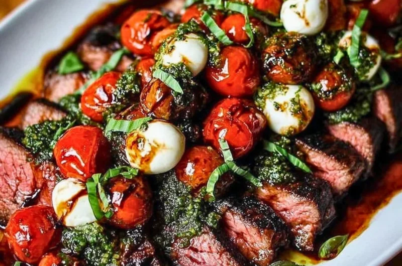 Grilled flank steak caprese served with fresh tomatoes and balsamic dressing