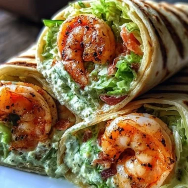 Grilled shrimp caesar wraps served with fresh greens in a tortilla.