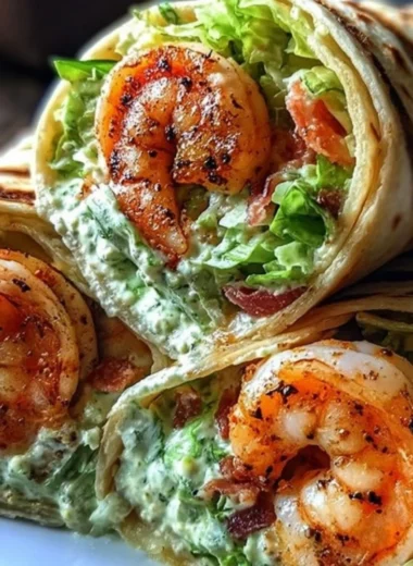 Grilled shrimp caesar wraps served with fresh greens in a tortilla.