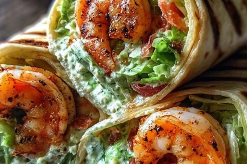 Grilled shrimp caesar wraps served with fresh greens in a tortilla.