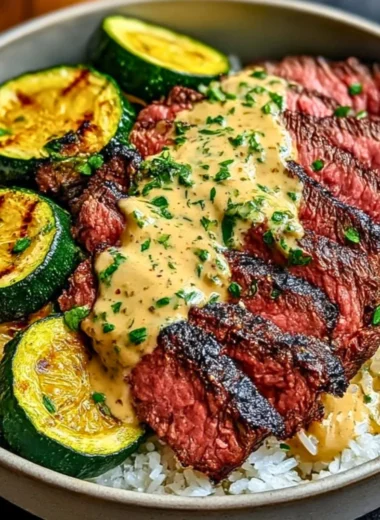 Delicious grilled steak bowl topped with sauce and grilled zucchini