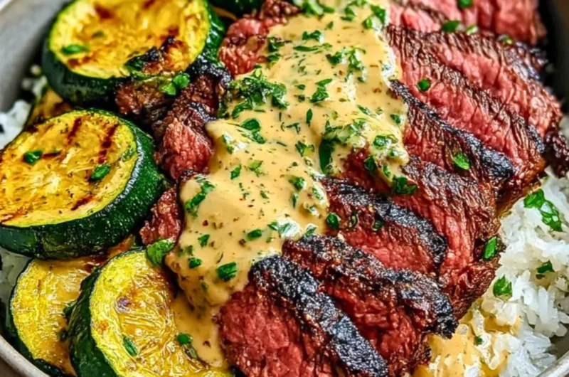 Delicious grilled steak bowl topped with sauce and grilled zucchini