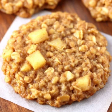 Healthy apple pie oatmeal cookies on a baking sheet, fresh from the oven
