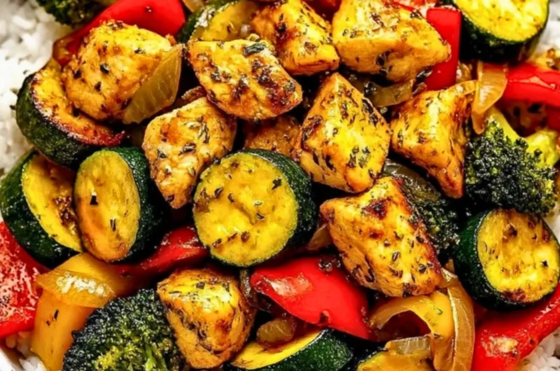 Healthy chicken and vegetables skillet dish served in a frying pan