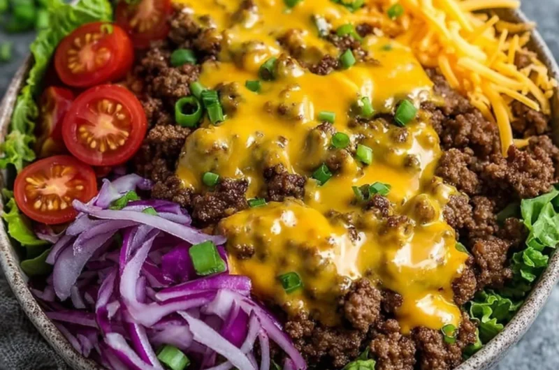 High-protein cheeseburger bowl with ground beef and burger sauce