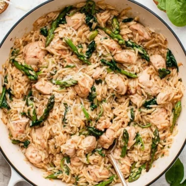 High protein chicken orzo with fresh vegetables and herbs