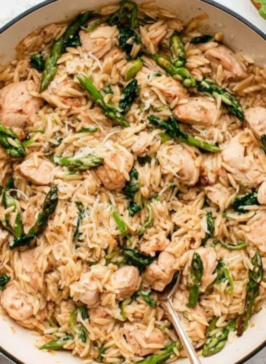 High protein chicken orzo with fresh vegetables and herbs