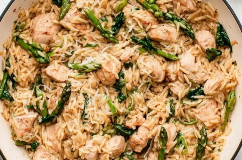 High protein chicken orzo with fresh vegetables and herbs