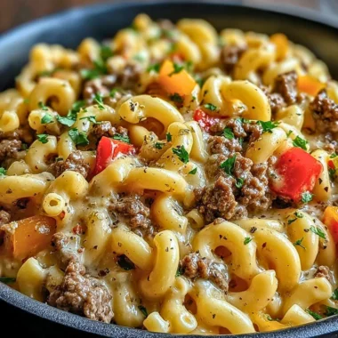 High-protein creamy Philly cheesesteak mac and cheese topped with herbs and cheese