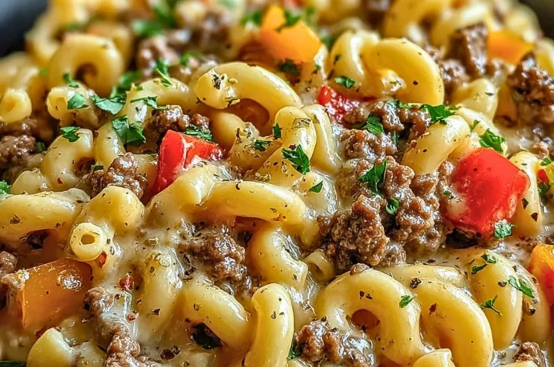 High-protein creamy Philly cheesesteak mac and cheese topped with herbs and cheese
