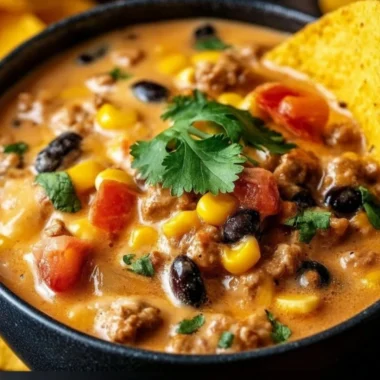 High Protein Creamy Taco Soup in a bowl with toppings