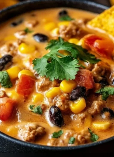 High Protein Creamy Taco Soup in a bowl with toppings