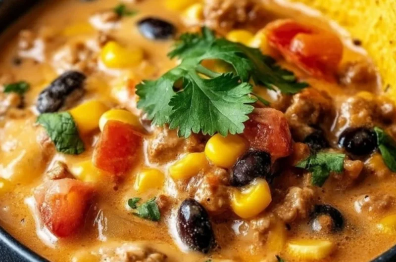 High Protein Creamy Taco Soup in a bowl with toppings
