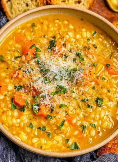 Bowl of Italian Penicillin Soup garnished with herbs