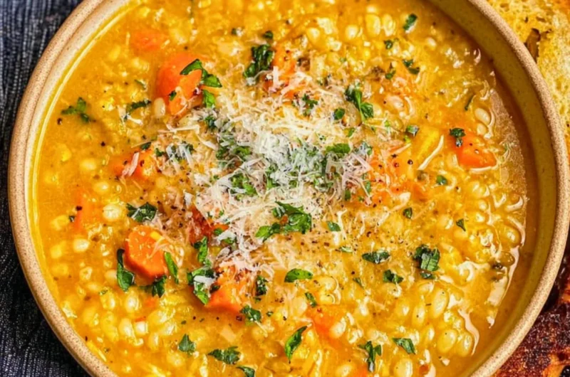 Bowl of Italian Penicillin Soup garnished with herbs