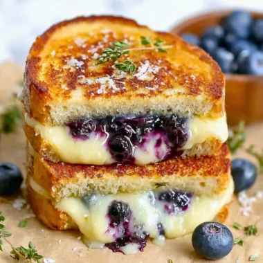Juicy blueberry grilled cheese sandwich with melted cheese and fresh blueberries