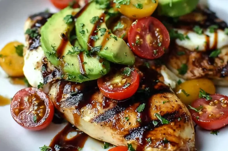 Juicy grilled chicken with California avocado slices on a plate.